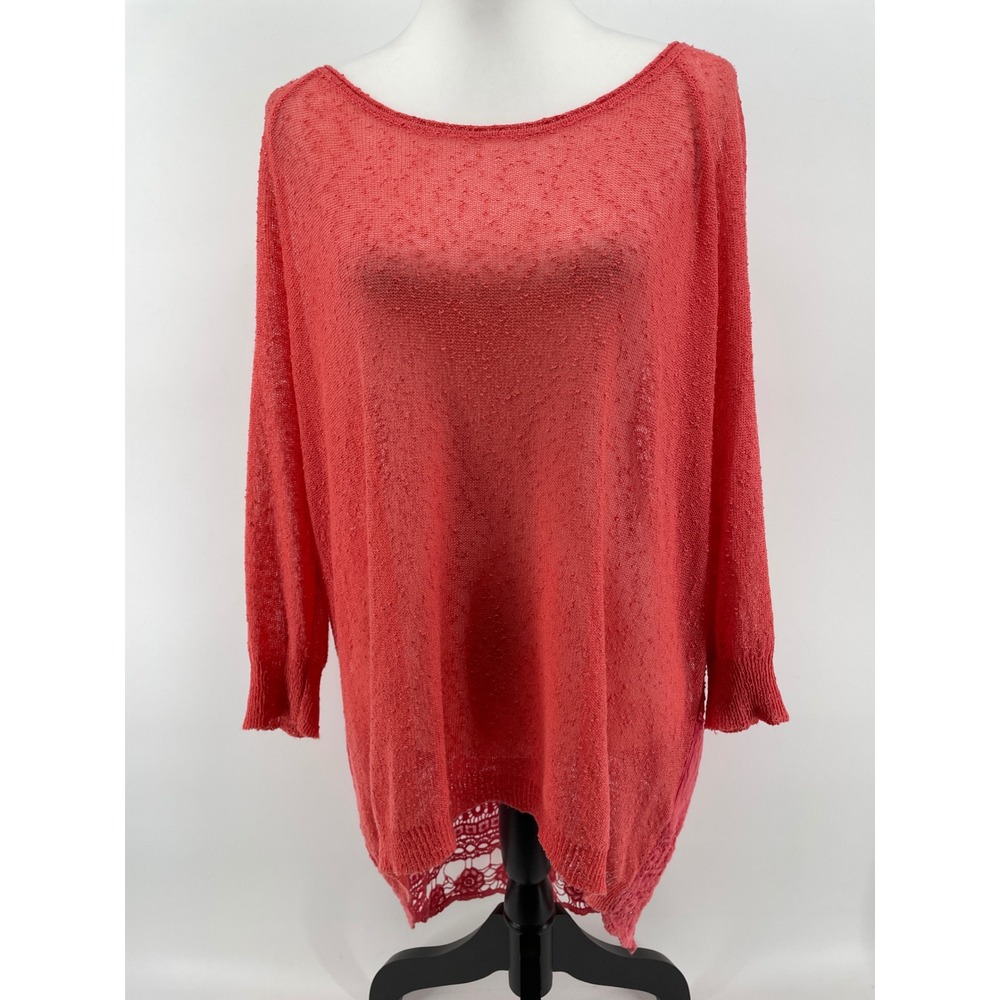 Knit Tunic Sweater Women Large Coral Crochet Lace Back Artsy Festival Coastal‎
